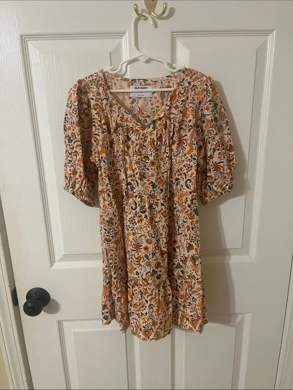 Old Navy Peach Floral Tiered Mini Dress with Mustard and Olive Accents